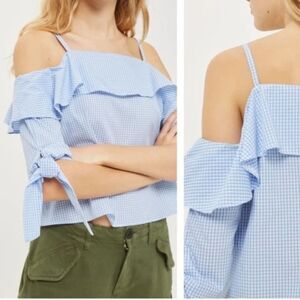TopShop Gingham Cropped Top‎ Cold Off Shoulder Ruffle Blue White Womans Size 6